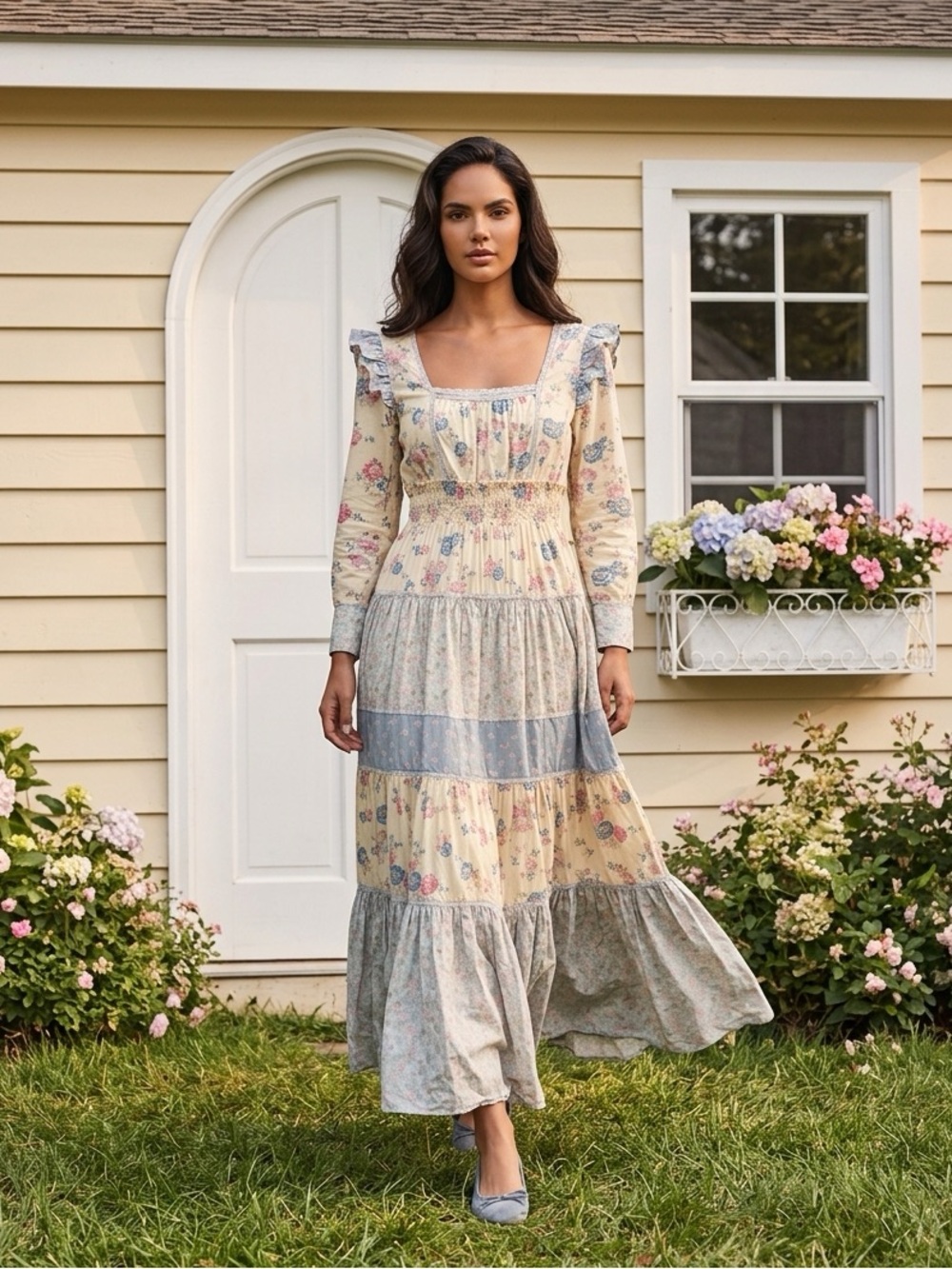 LoveShackFancy Cream Maxi Dress with Blue Floral Panels